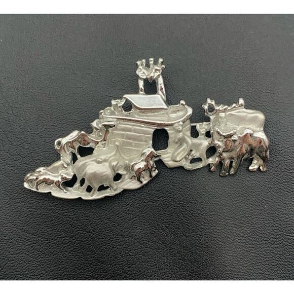 Vintage AJC Noah's Ark Brooch Silver Tone Signed Pin - Picture 2 of 5